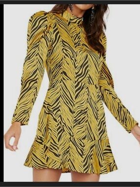 $349 Rahi Women's Yellow Black Puff-Sleeve Mock-Neck Ruffled Tiger Mini Dress M